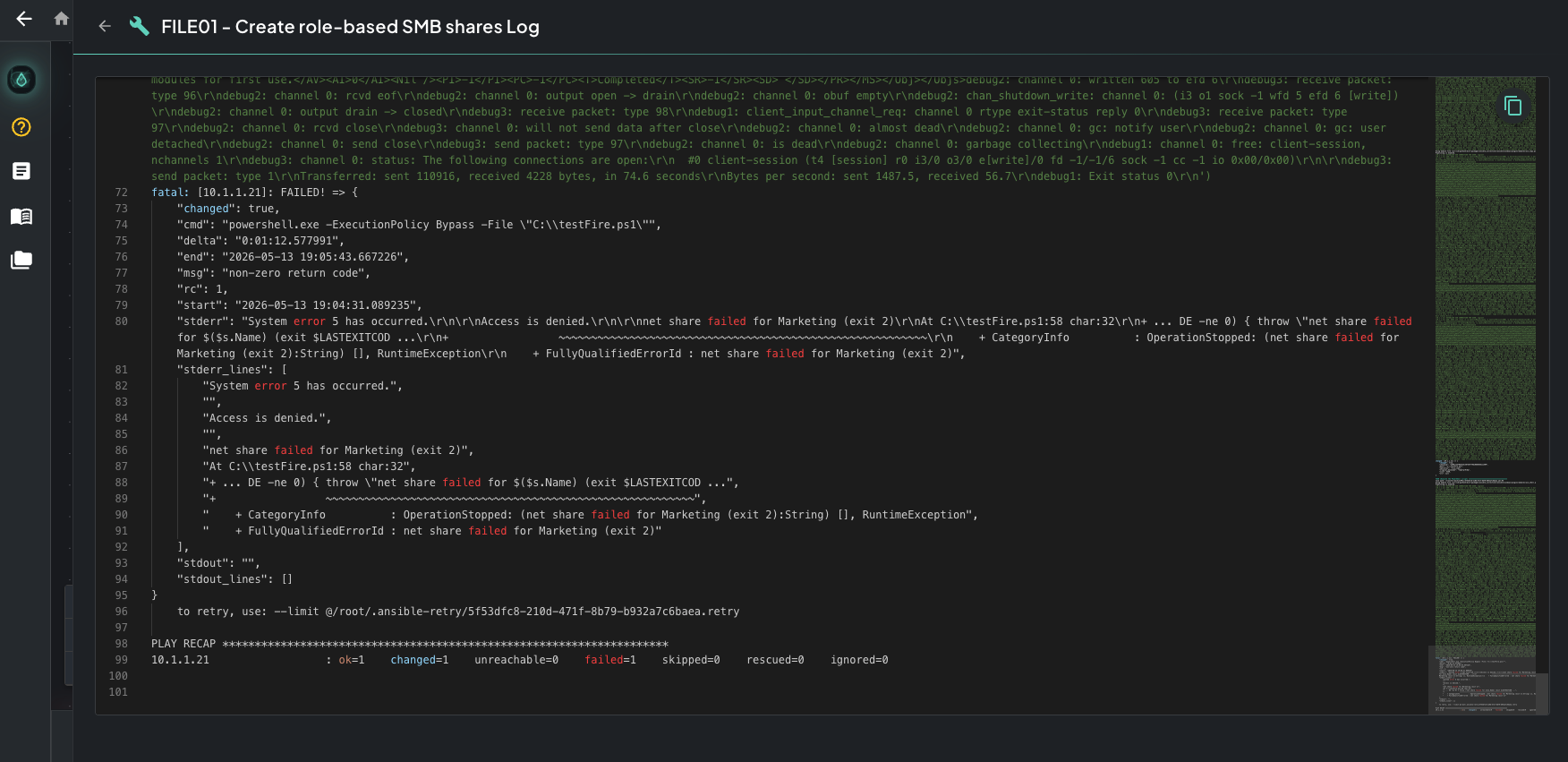 Bottom of the same Ansible log showing the FATAL line with the error payload and the PLAY RECAP summary at the very end