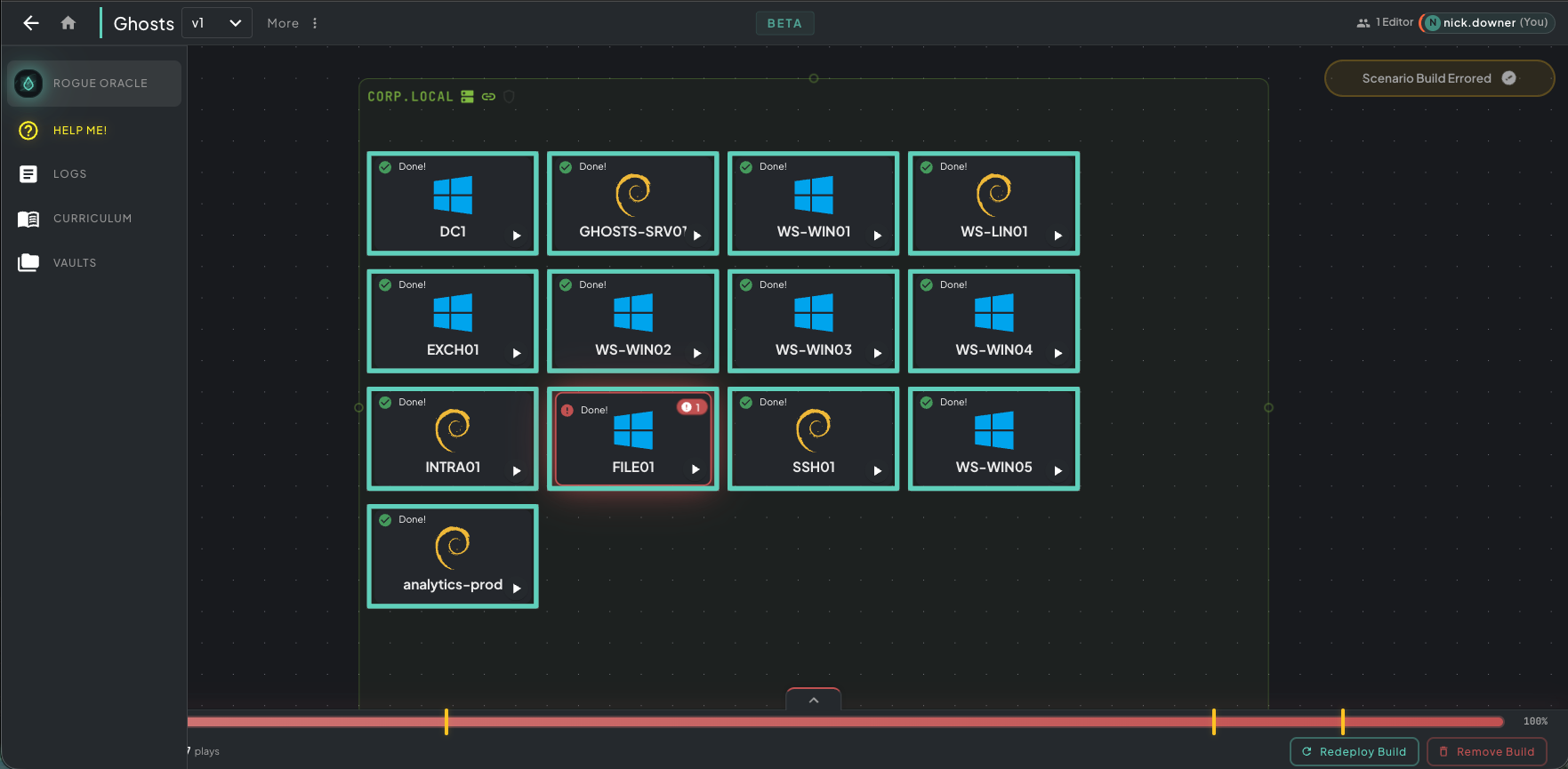 Scenario Build Errored — Ghosts scenario canvas with the CORP.LOCAL VLAN; most machines marked Done in green while FILE01 is highlighted in red with an error badge, status pill in the top-right reads Scenario Build Errored