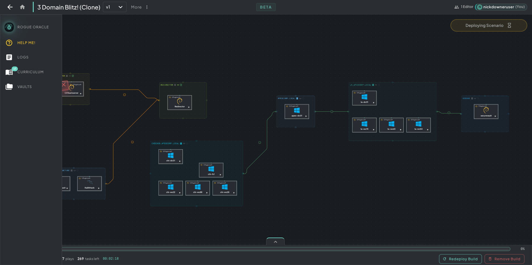 Architect left rail expanded during a build with labels for Rogue Oracle, Help Me!, Logs, Curriculum, and Vaults