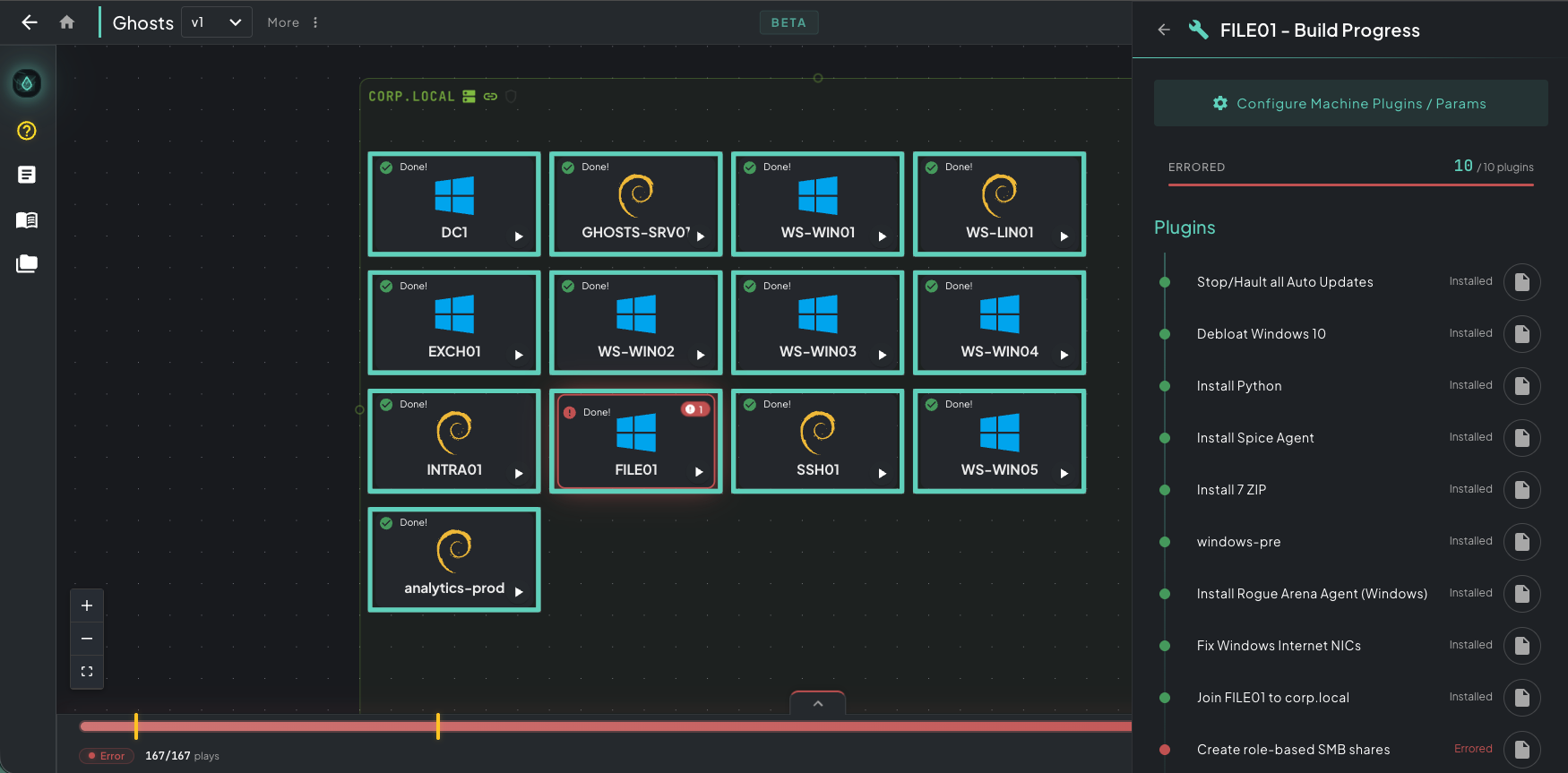 Right-side FILE01 Build Progress panel listing every play assigned to the machine, most marked Installed in green with one red errored play (Create role-based SMB shares) at the bottom