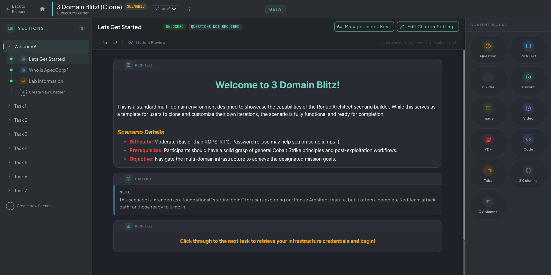 Lets Get Started chapter open in the curriculum editor showing a Welcome heading, scenario details with Difficulty/Prerequisites/Objective bullets, a NOTE callout, and an Available Blocks panel on the right