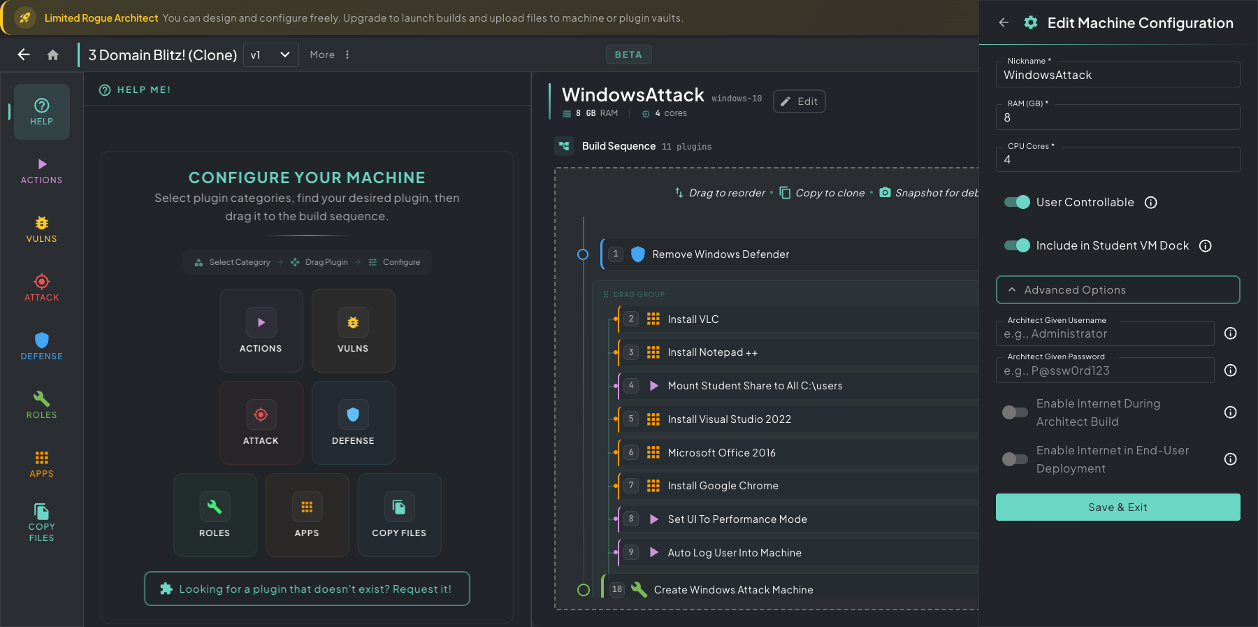 Machine view with the Help Me panel on the left, the build sequence in the center showing the plugin chain on WindowsAttack, and Edit Machine Configuration on the right with Advanced Options expanded