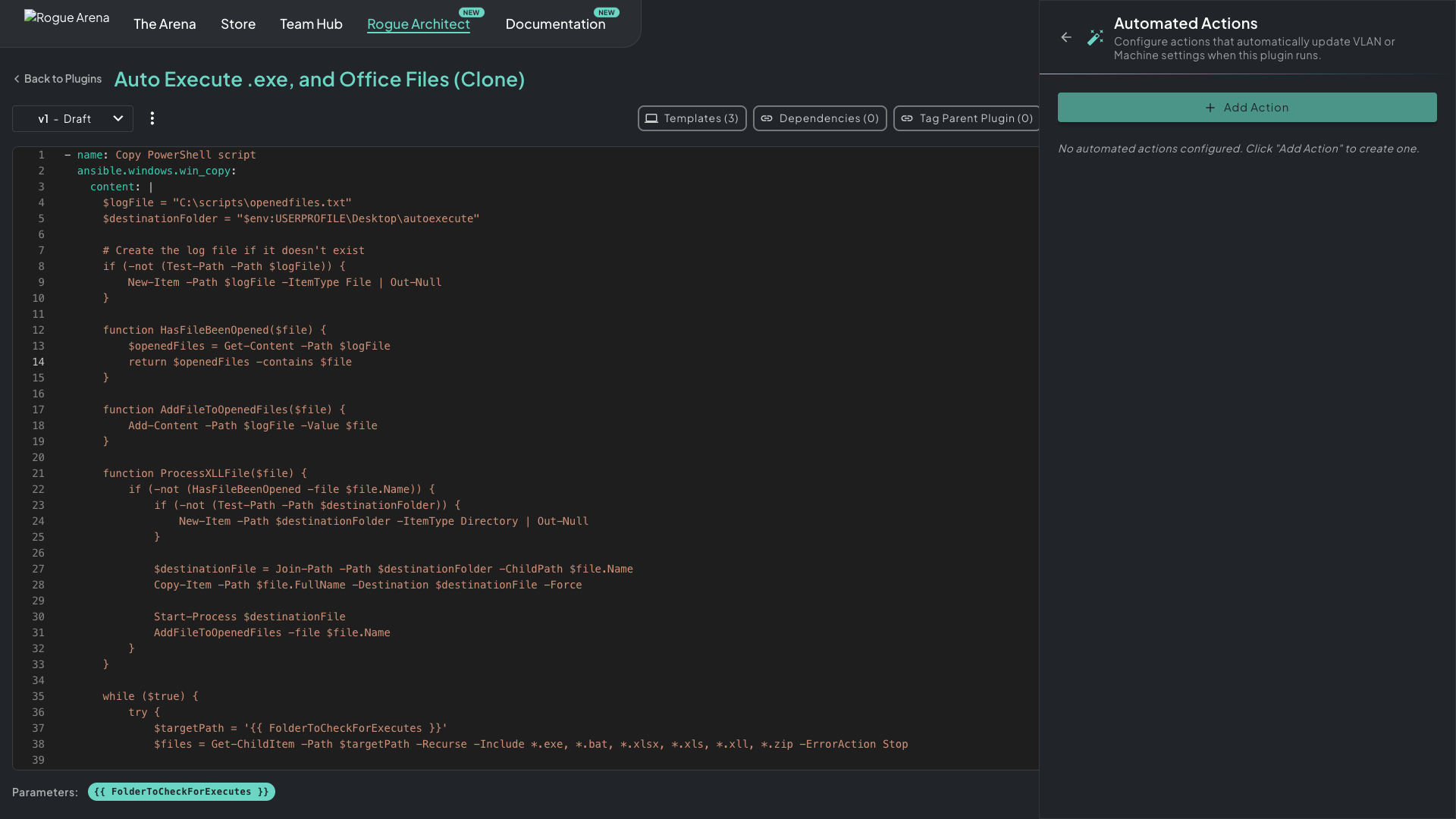 Automated Actions drawer on the right showing "No automations configured. Click Add Action to create one." with an Add Action button