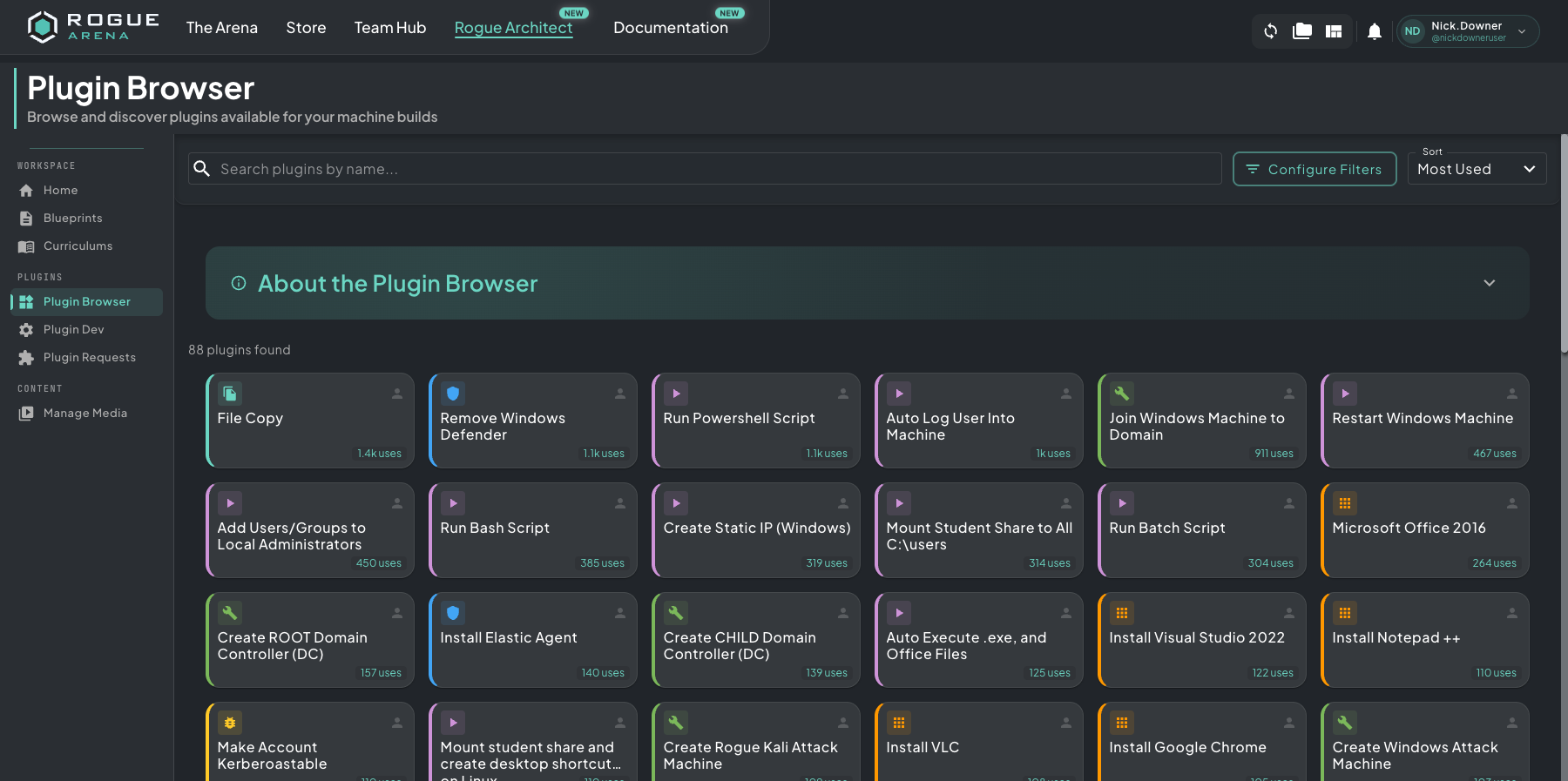 Plugin Browser page showing a search bar, filter and sort controls, and a grid of plugin tiles including File Copy, Run Powershell Script, Domain Controllers, attack machines, and apps