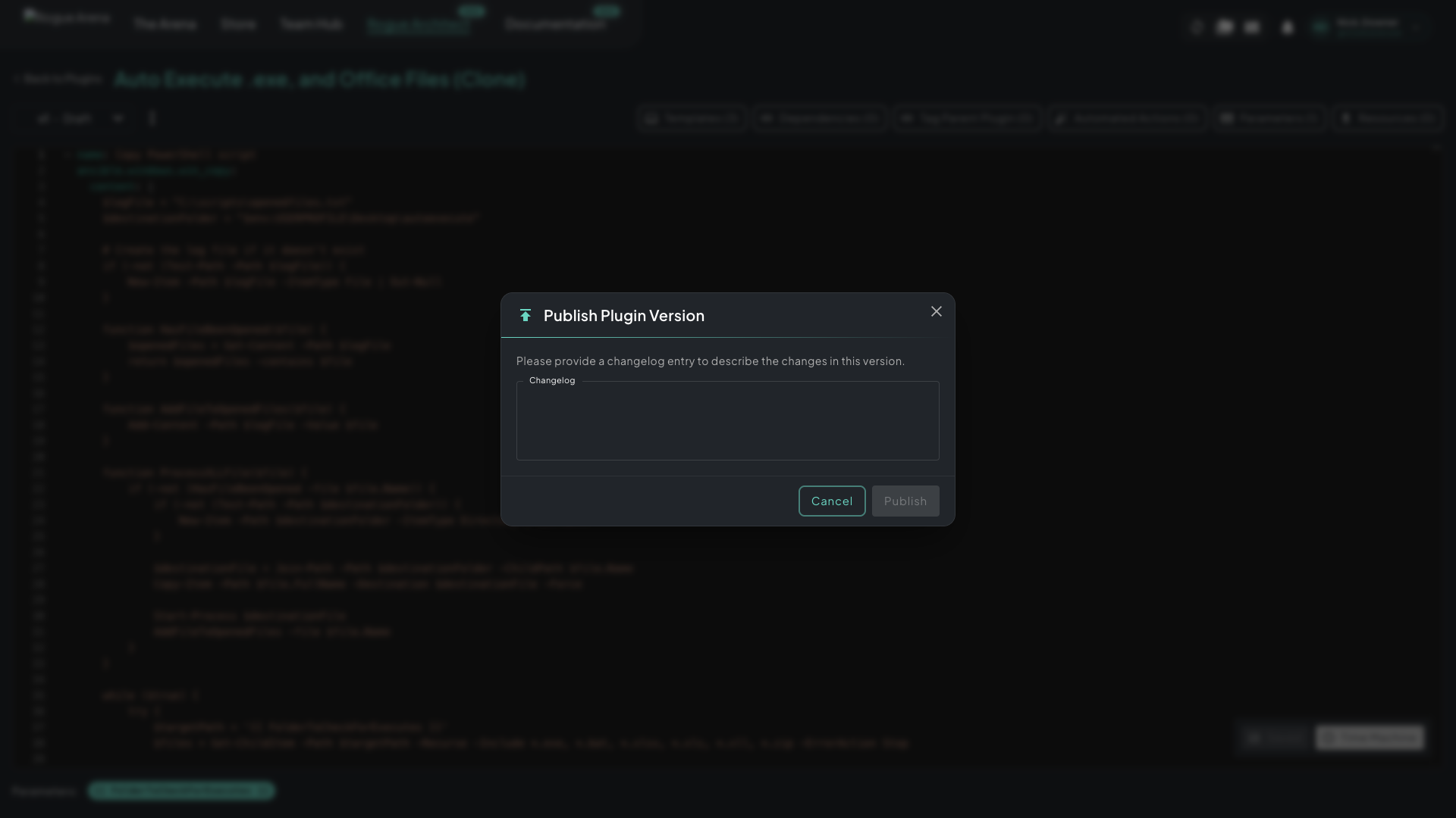 Publish Plugin Version dialog with a changelog text area and Cancel / Publish buttons