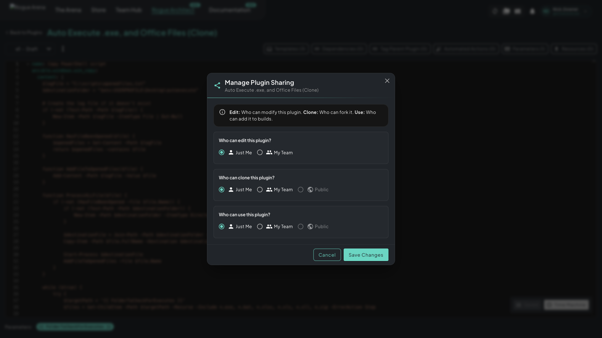 Manage Plugin Sharing dialog with three permission rows — Who can edit, Who can clone, Who can use — each offering Just Me / My Team / Public toggles