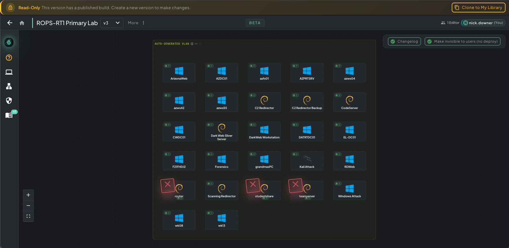 ROPS-RT1 Primary Lab published-build view showing the read-only banner at the top, the full machine canvas, and the Changelog / Make Invisible buttons in the top-right
