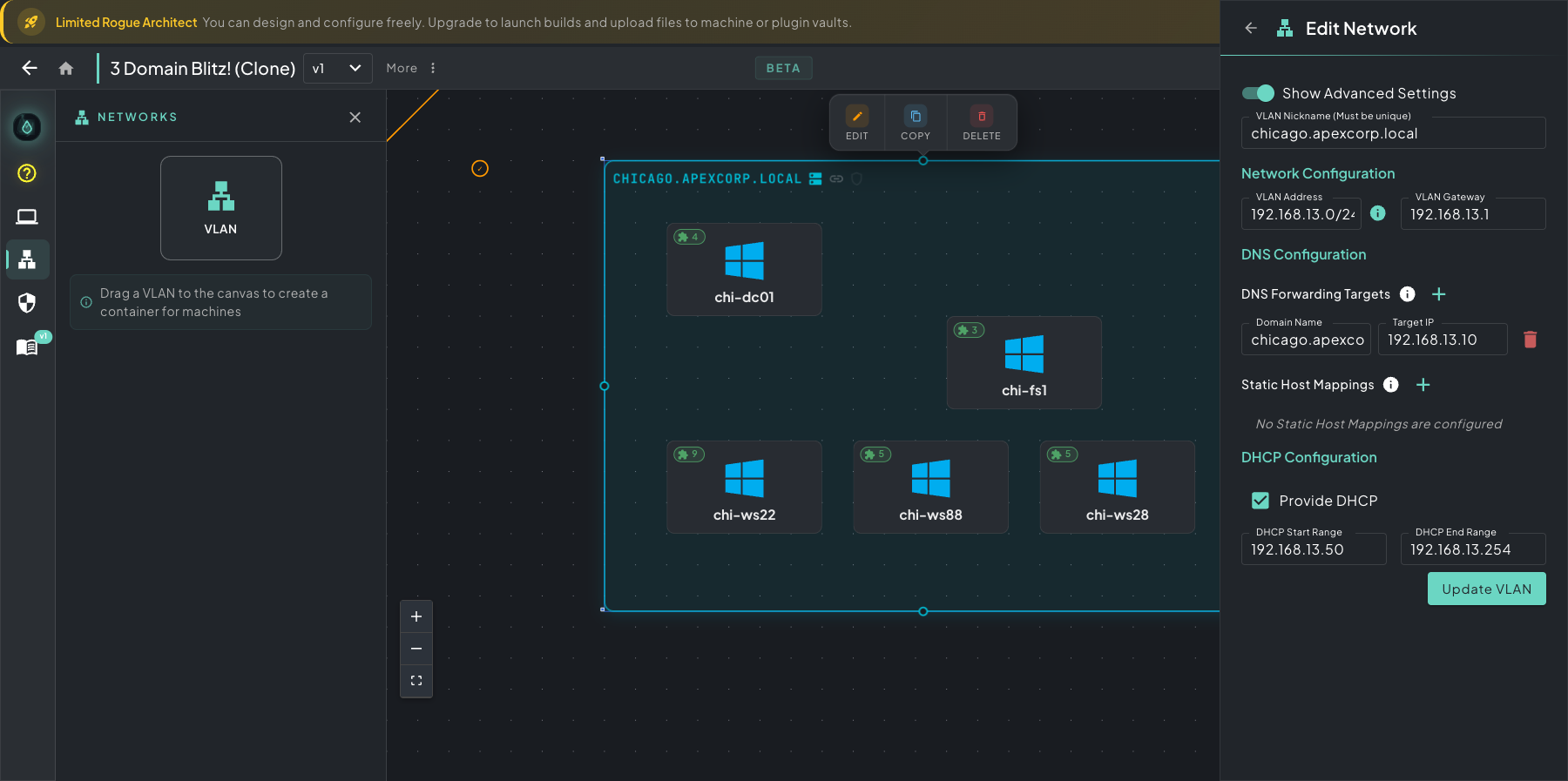 Edit Network panel showing the full VLAN settings: nickname, network address and gateway, DNS forwarding targets, static host mappings, and DHCP range