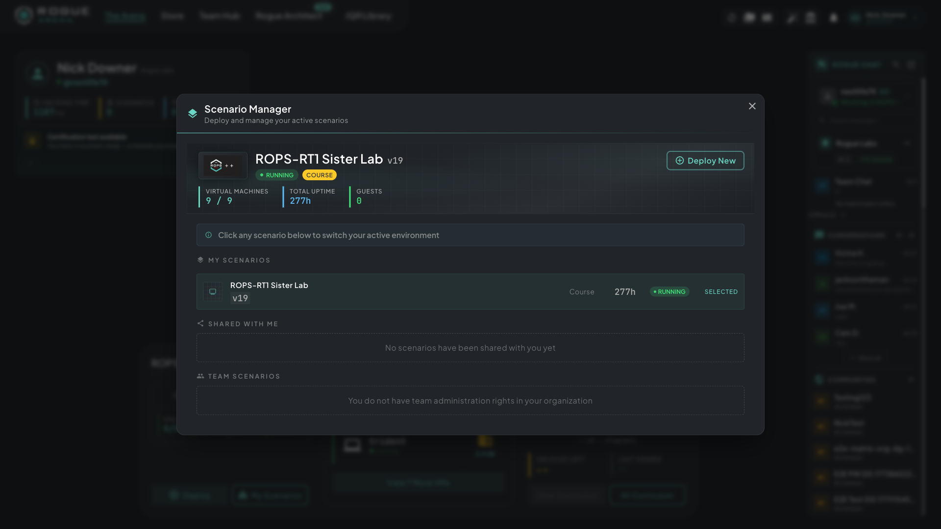 Scenario Manager showing active deployments and the option to switch between them