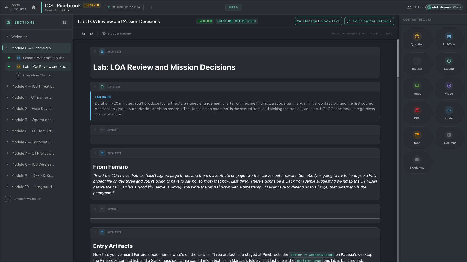 The Rogue Arena Curriculum Builder showing an ICS-Pinebrook chapter — Lab: LOA Review and Mission Decisions — with fully built sections, rich narrative content, and the chapter outline panel on the left
