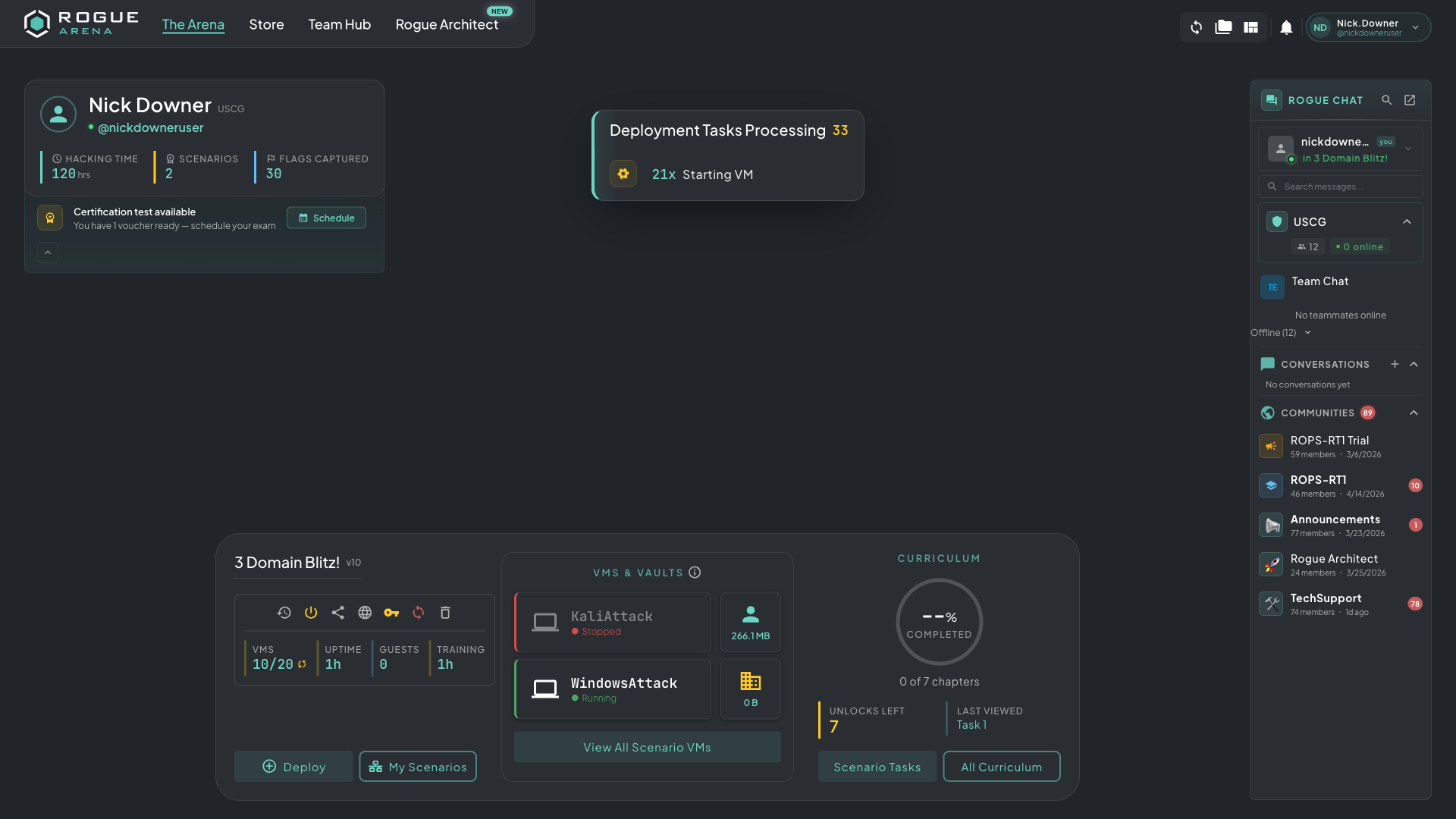 Arena home showing deployment tasks processing as VMs start in tiers
