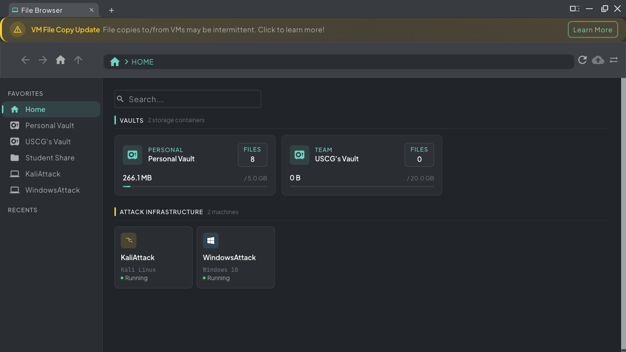 File Browser showing Personal Vault, Team Vault, and scenario VMs