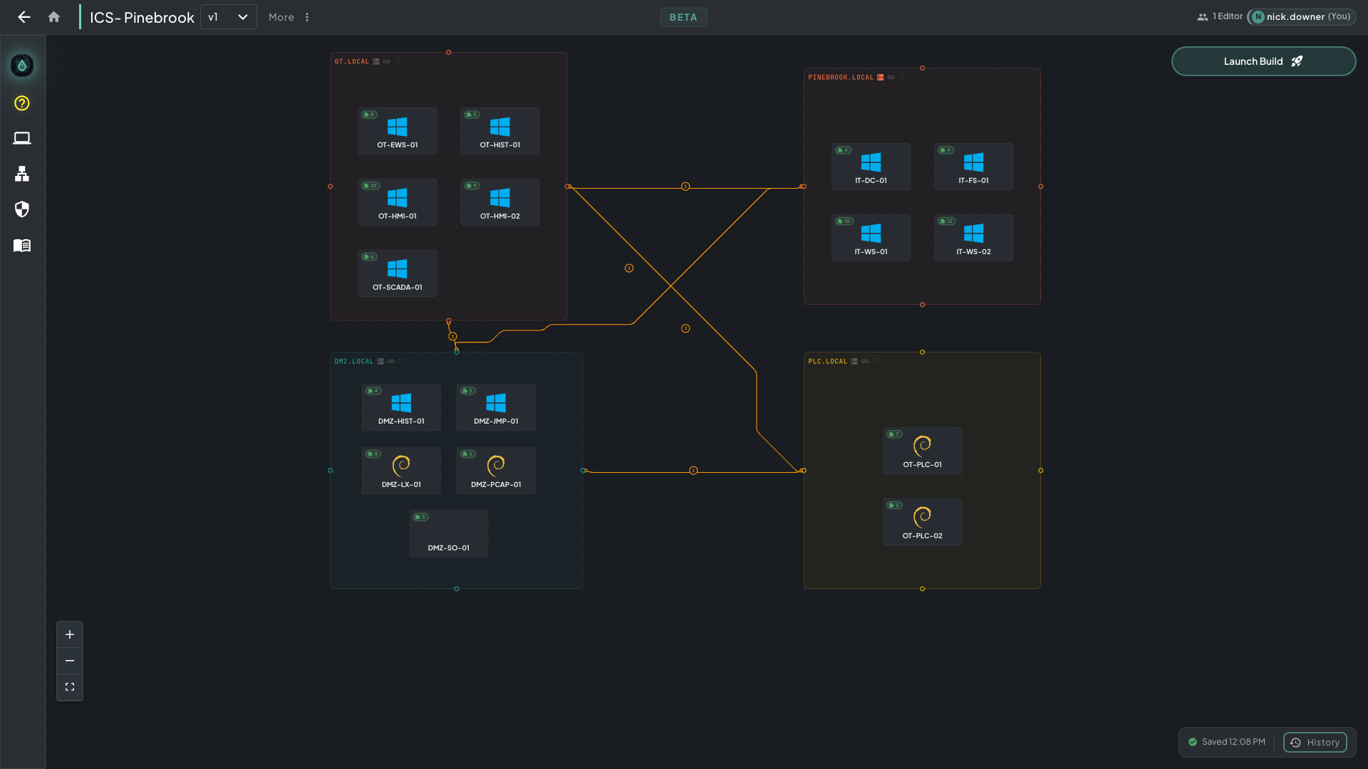 The ICS-Pinebrook course canvas in Rogue Architect showing four interconnected VLANs — OT.LOCAL with engineering workstations and HMIs, PINEBROOK.LOCAL as the corporate IT domain, DMZ.LOCAL with Security Onion and a jump server, and PLC.LOCAL with two emulated PLCs