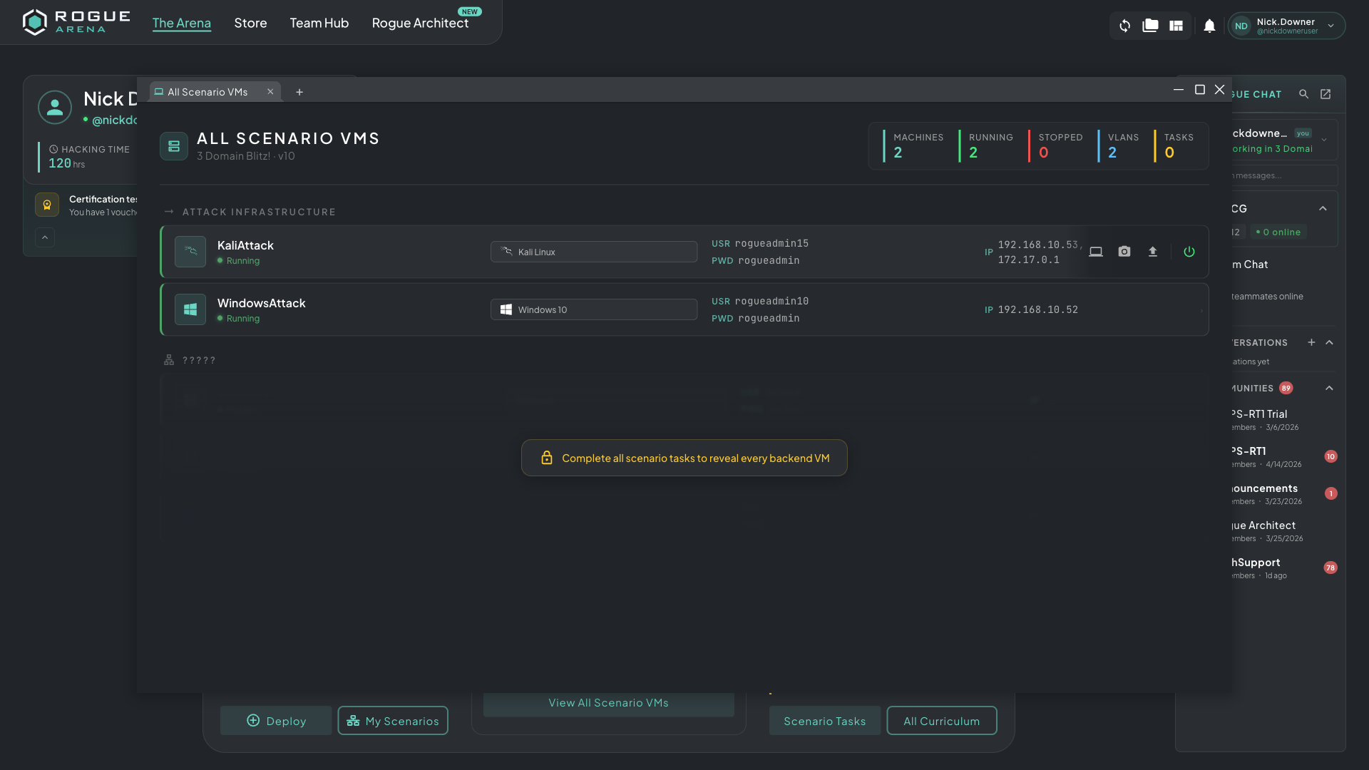 All Scenario VMs panel showing KaliAttack row hovered with action icons visible on the right