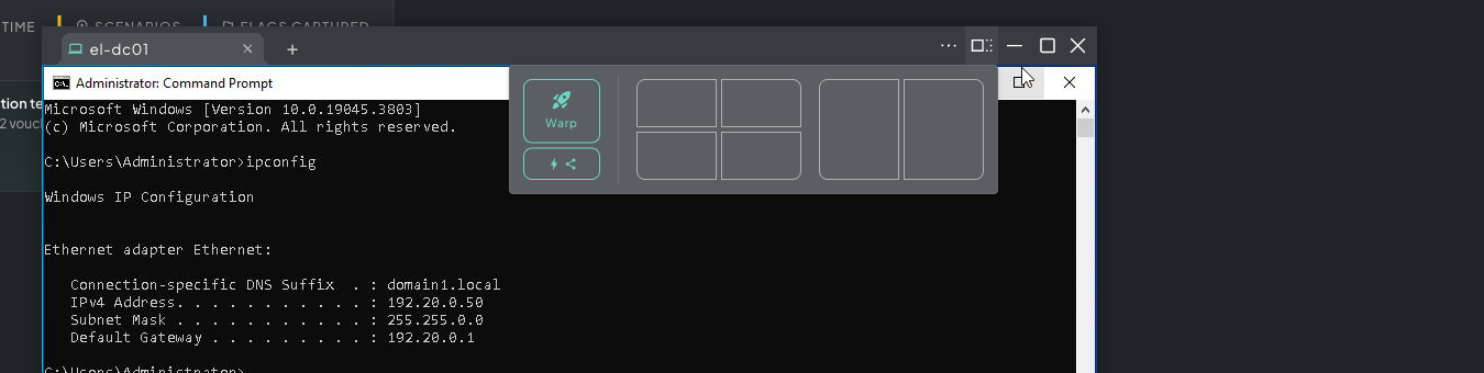 VM console window with snap layout menu open