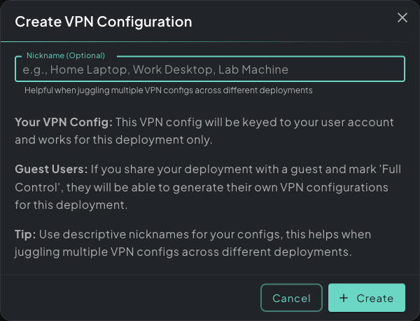 Create VPN Configuration dialog with nickname field and per-user config explanation