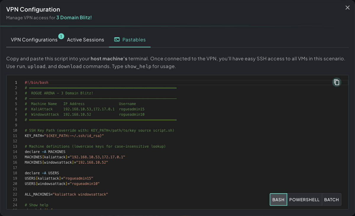 Pastables tab showing a generated bash SSH helper script with machine IPs and usernames